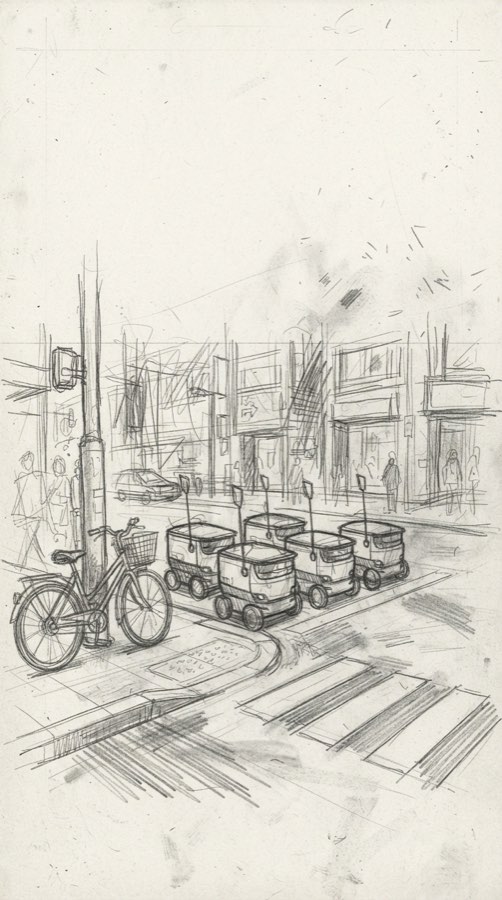 Pencil sketch of delivery robots waiting at a crosswalk